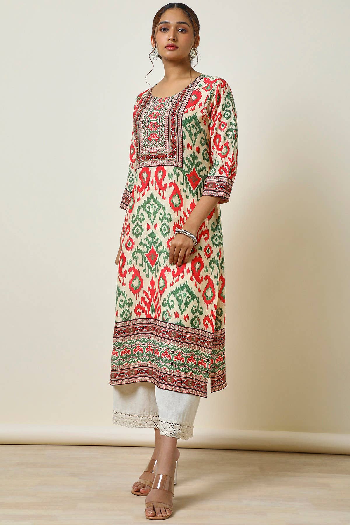 Cream Printed Linen Blend Kurta With Mirror Work