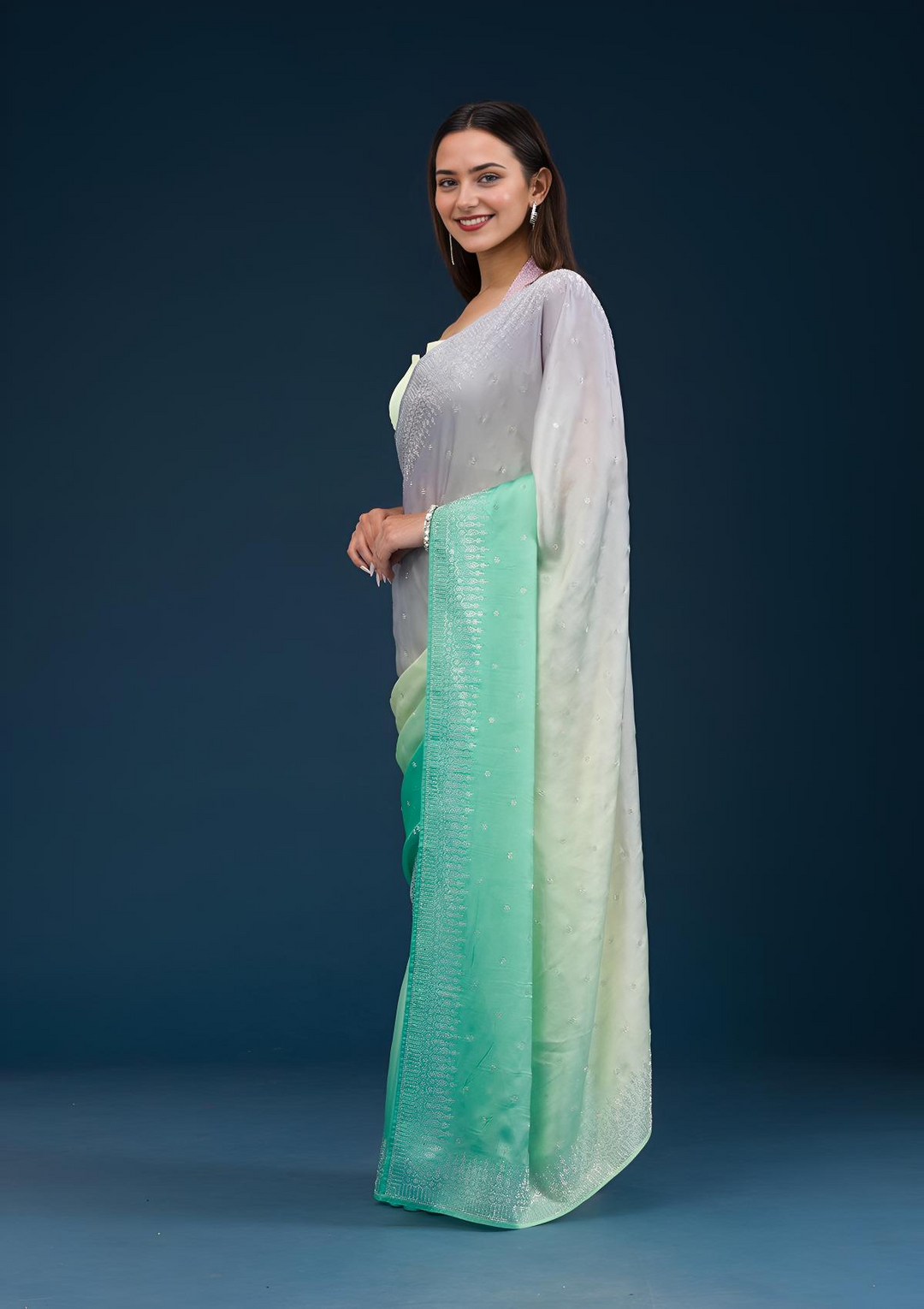 Grey Stonework Satin Saree - Image 5